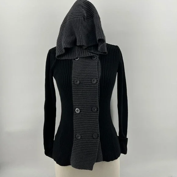 Y2K Goth Calvin Klein Ribbed Knit Hoodie Jacket Cyber Punk Sweater S - Picture 5 of 14